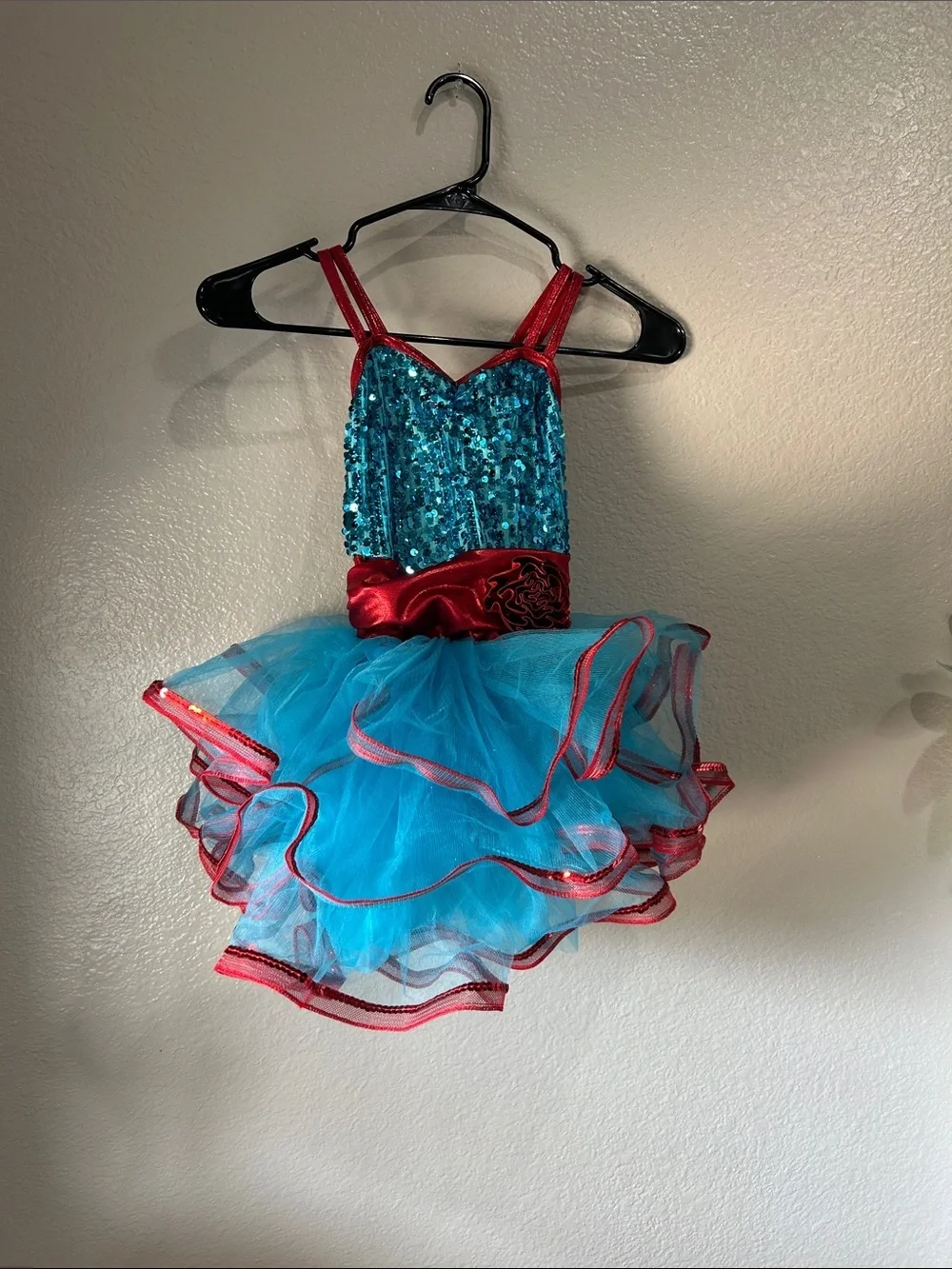Weissman Teal Sequin Red Trim Tutu Costume Sz 1C Dance Ruffle Sleeveless